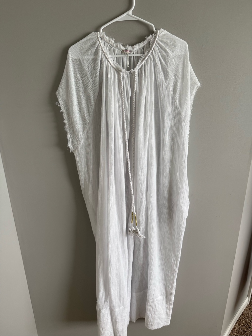 Free People White Gauze Tassel Tie Kaftan Dress